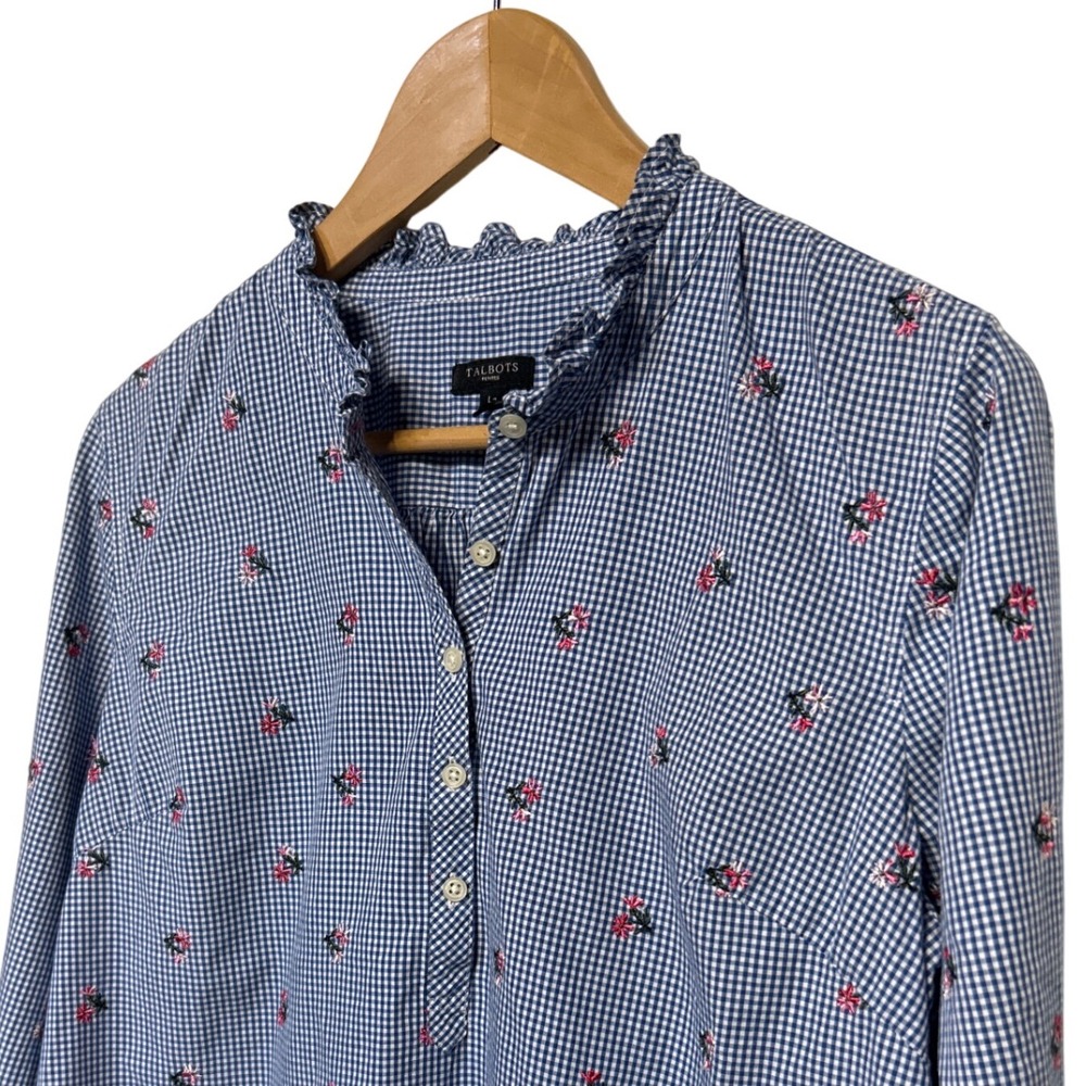Talbots Floral Embroidered Gingham Ruffle Collar Blouse Women's Size L P